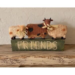 VTG Folk Art Wood Cow Sheep Pig Friends Sign Farmhouse Decor Figurine *NOS*